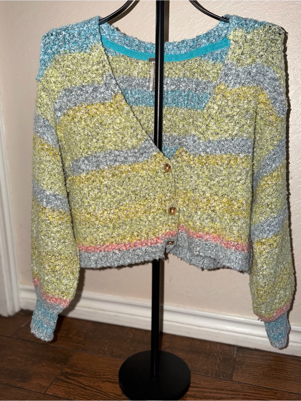 Free People Multicolor Bouclé Striped V-Neck Cardigan